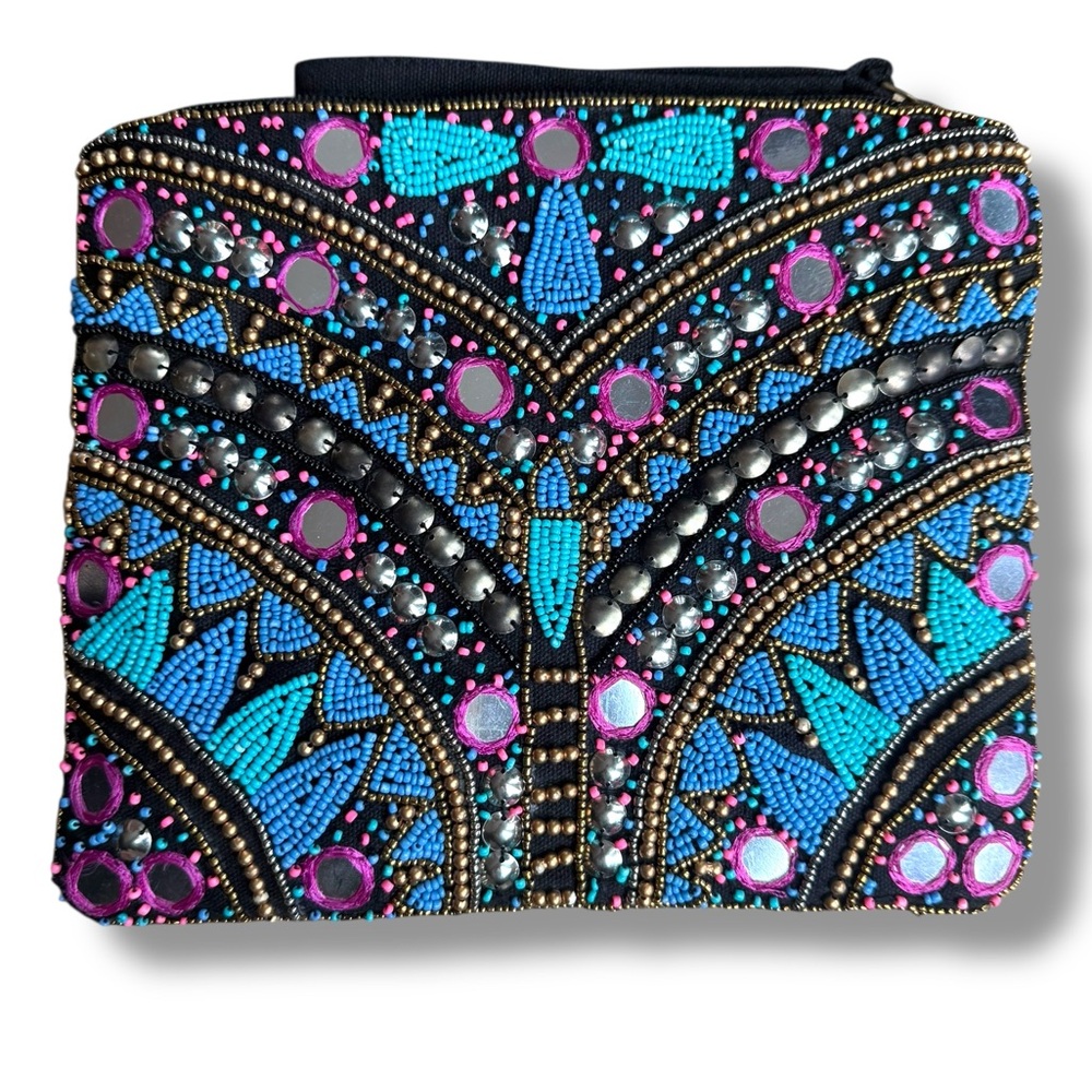 Clements‎ Ribiero Embellished Beaded Black and Blue Clutch Purse Bag